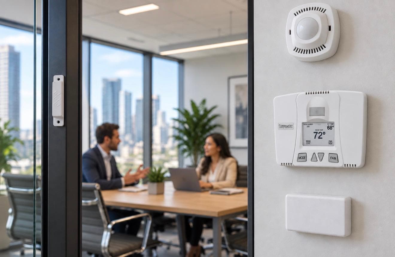 GEM Stat™ ET thermostat on a wall beside an office meeting room