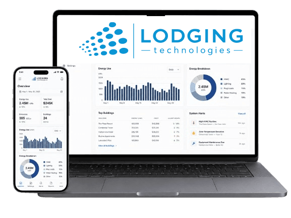 Lodging Technologies platform displayed on a laptop and phone