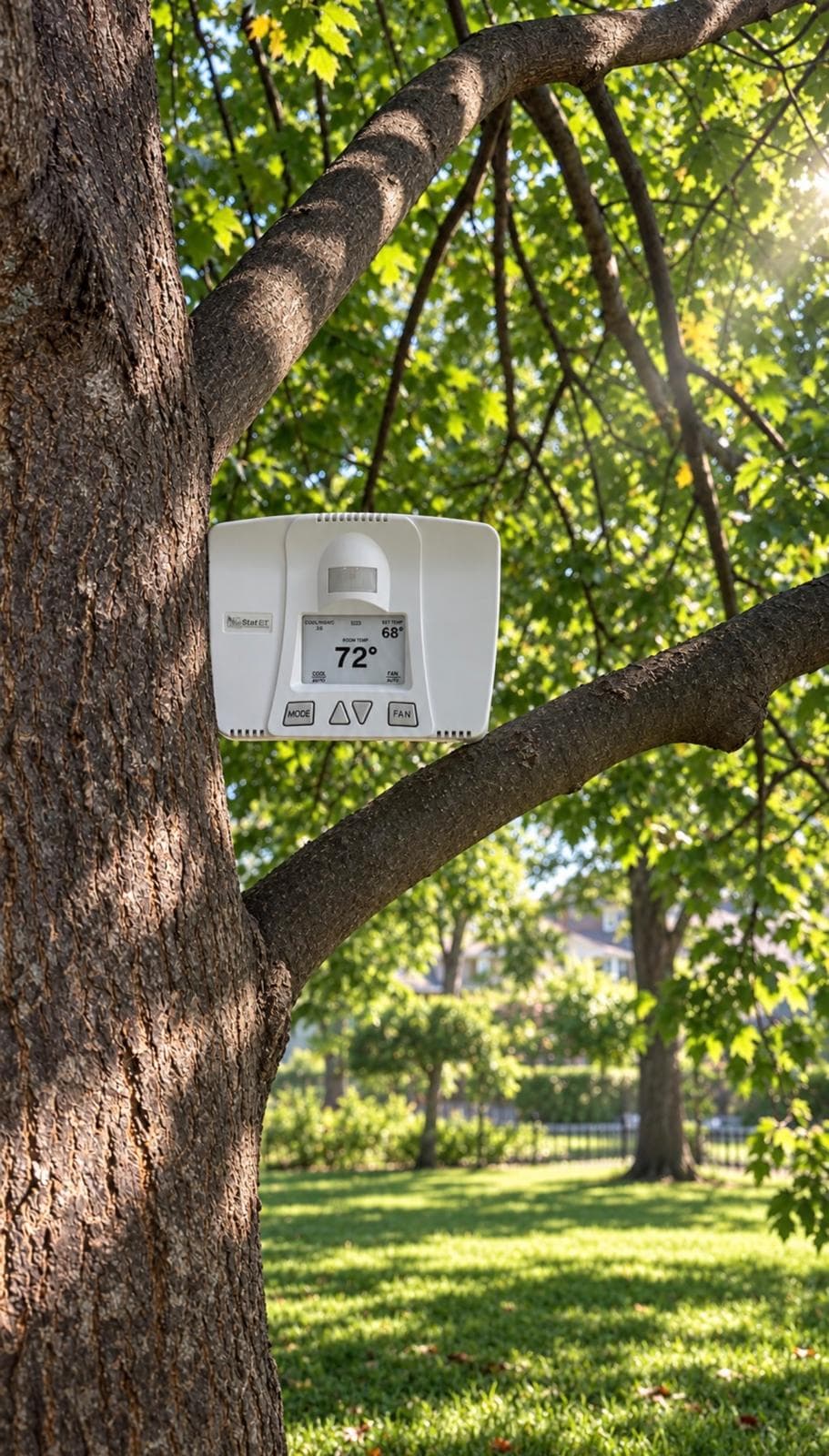 GEM Stat™ ET thermostat pictured against a sunlit tree and park setting